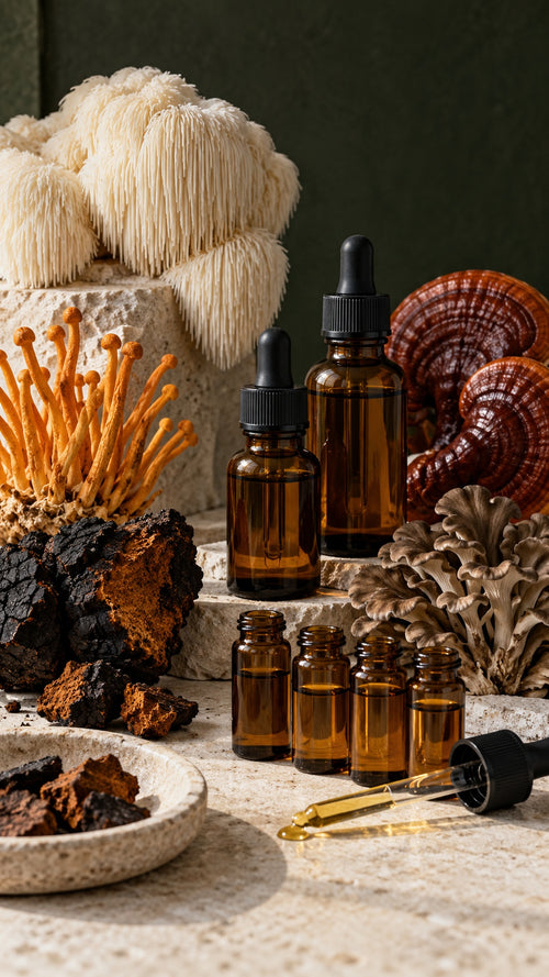 Amber mushroom extract bottles after filling