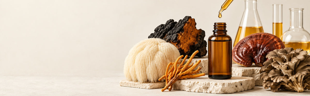 Liquid mushroom extract being drawn from an amber bottle beside whole mushrooms