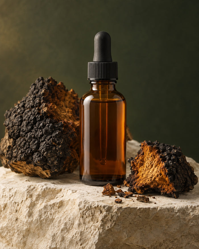 Chaga mushroom beside an amber liquid extract bottle