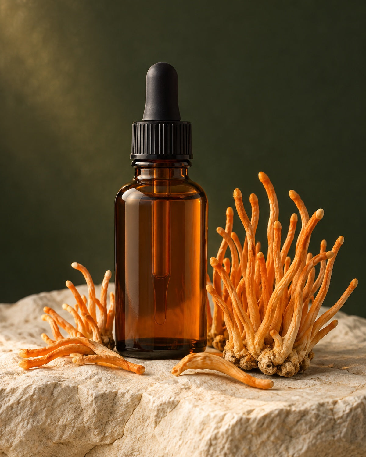 Cordyceps mushrooms beside an amber liquid extract bottle
