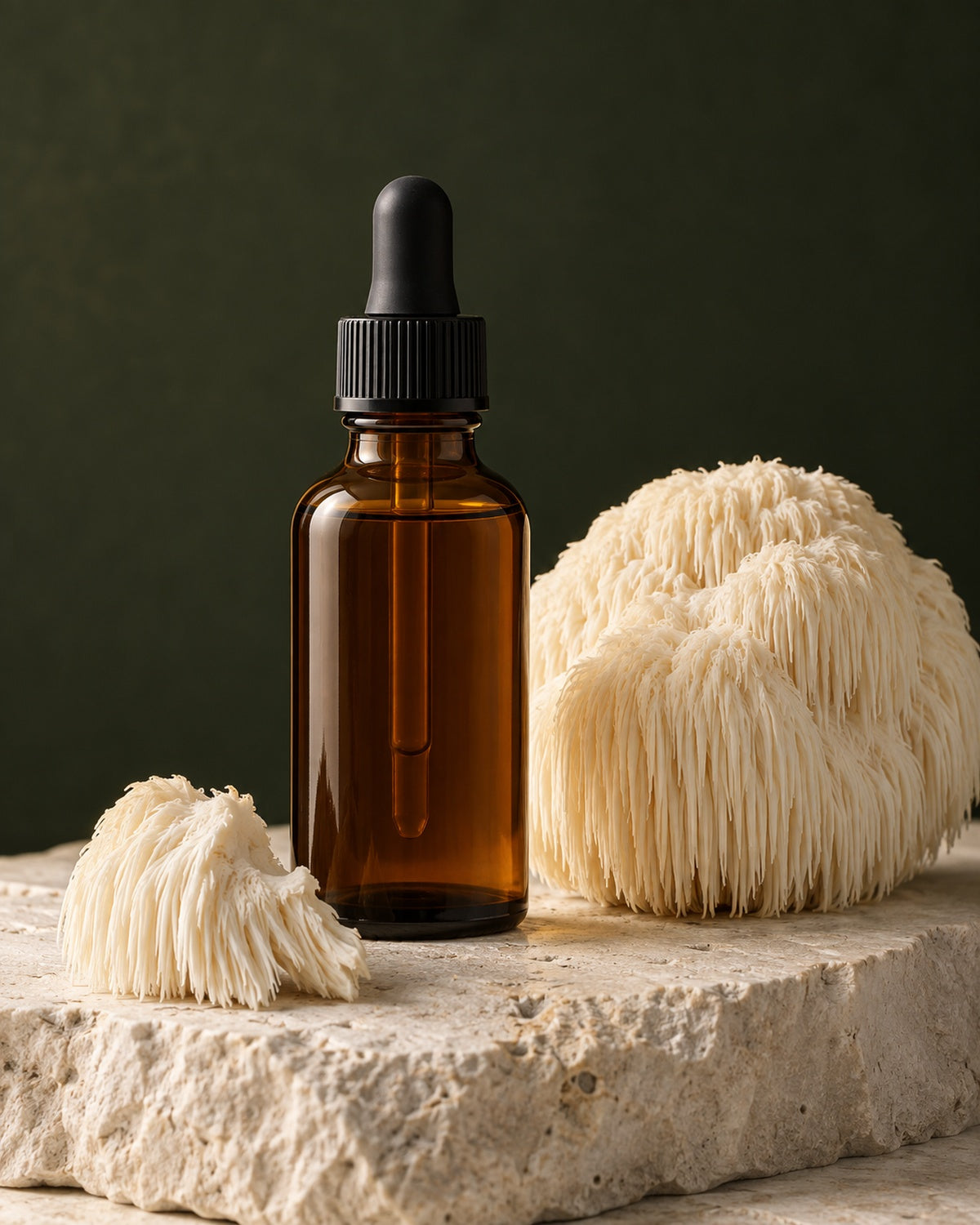 Lion's Mane mushroom beside an amber liquid extract bottle