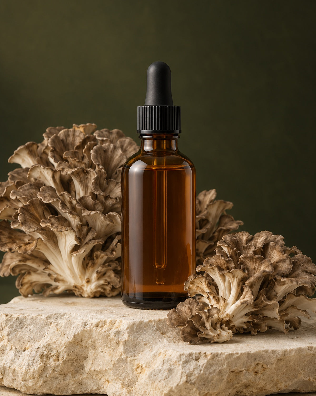 Maitake mushroom beside an amber liquid extract bottle