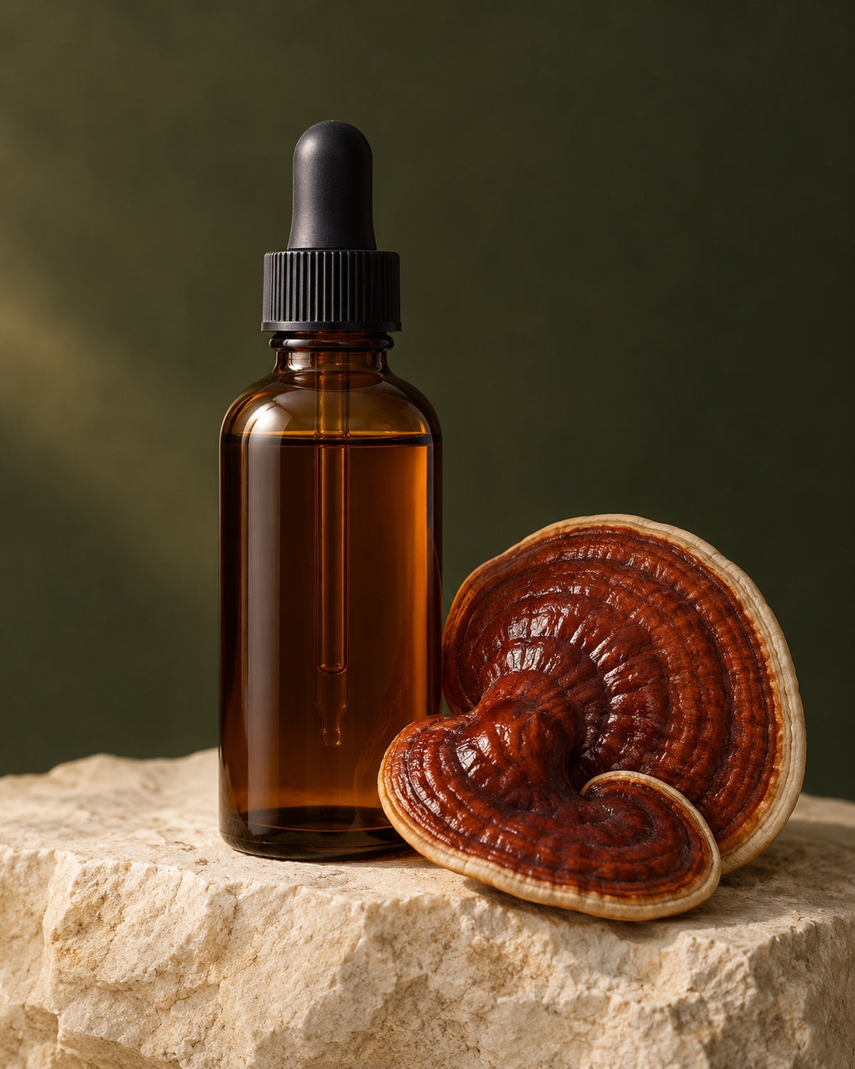 Reishi mushroom beside an amber liquid extract bottle