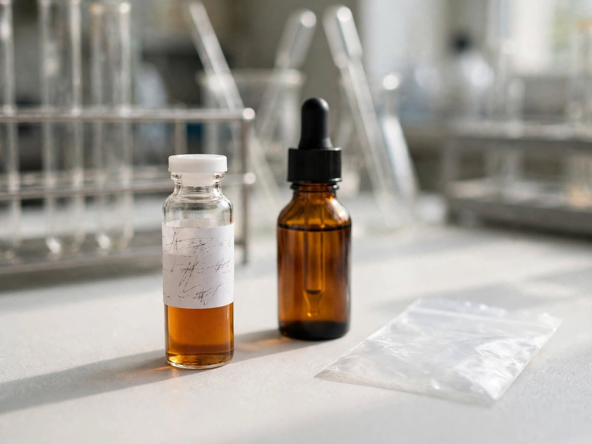 A labelled sample vial of amber mushroom extract beside a dropper bottle and a sample bag on a laboratory bench, ready for independent third-party testing