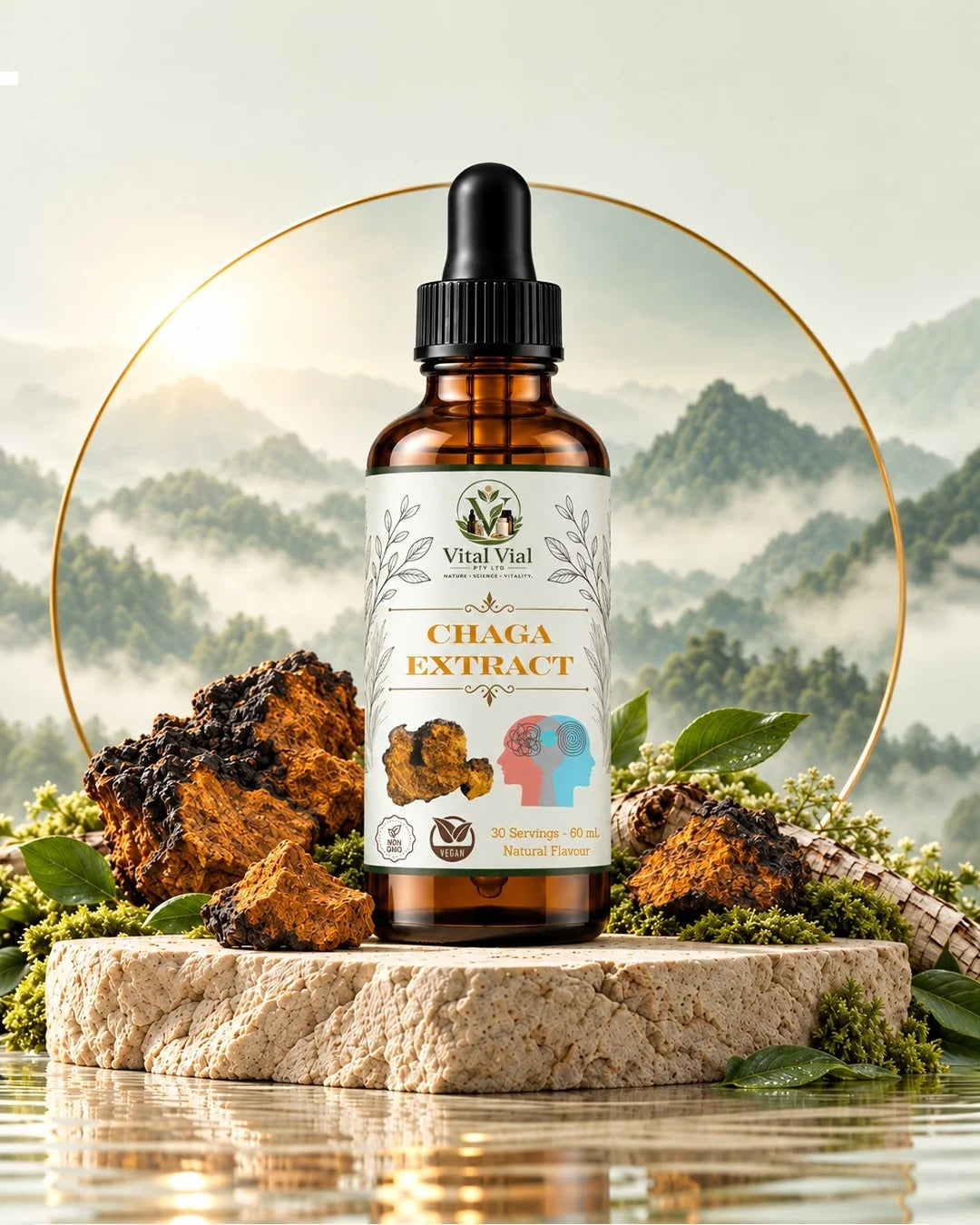 Vital Vial Chaga Liquid Extract, 60 mL amber glass dropper bottle