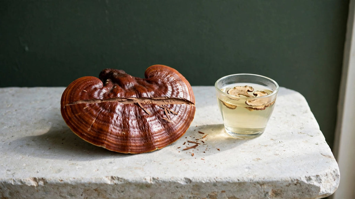 A whole Reishi mushroom with only a shallow scrape across its cap, next to a glass of pale mushroom tea, showing how conventional extraction barely scratches the surface