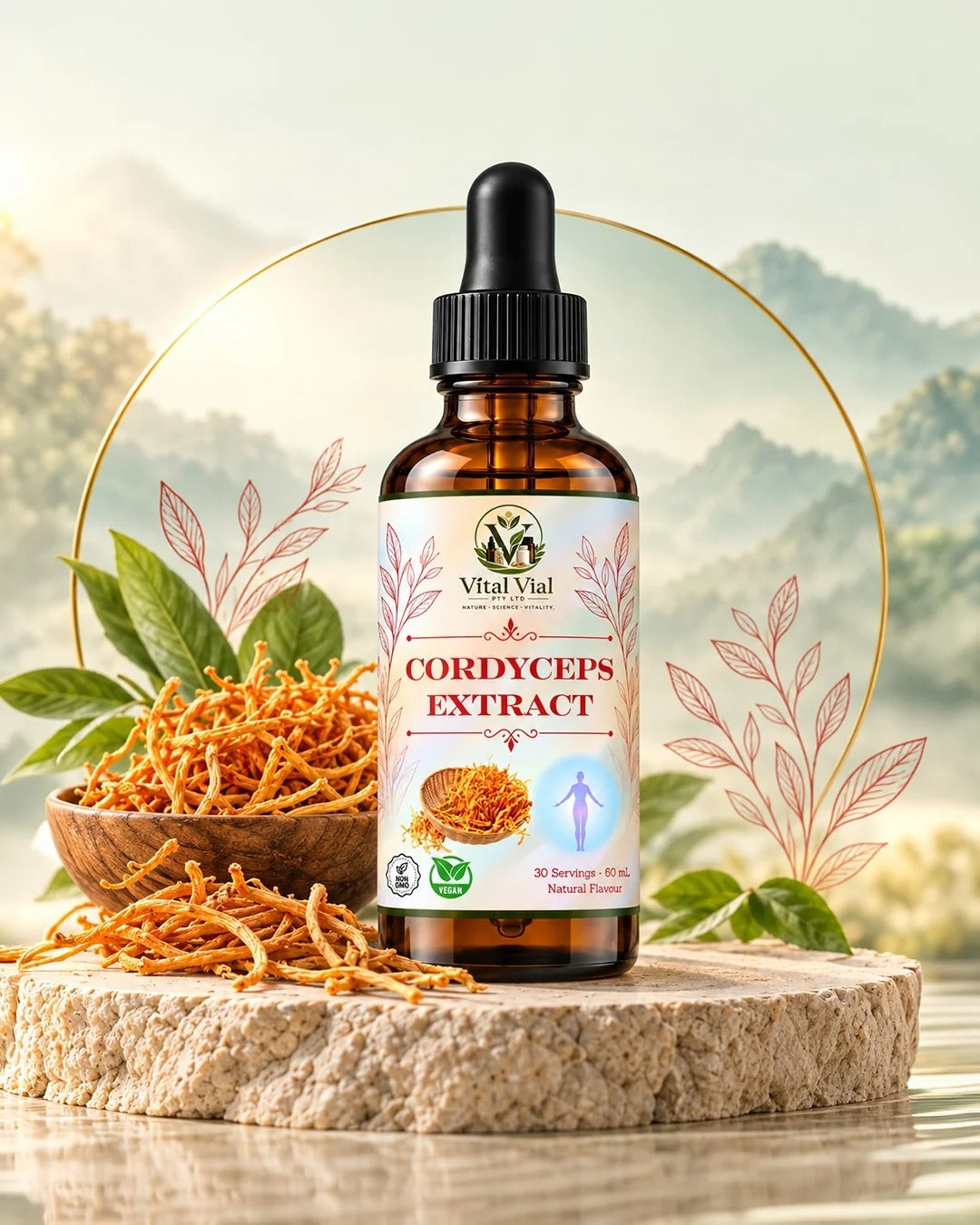 Vital Vial Cordyceps Liquid Extract, 60 mL amber glass dropper bottle