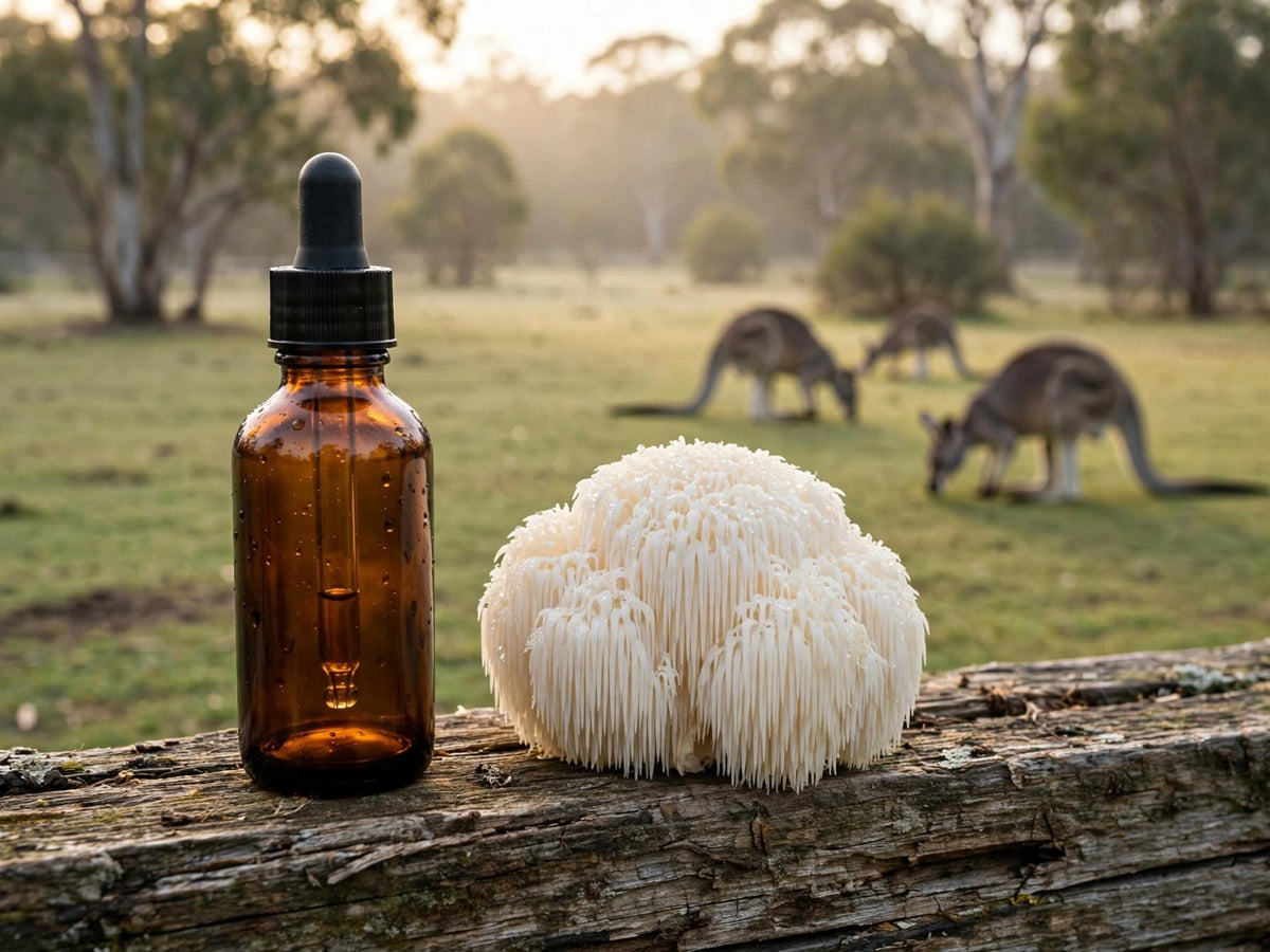 An amber dropper bottle and a fresh Lion's Mane mushroom on a timber fence rail, with kangaroos grazing among gum trees in the background