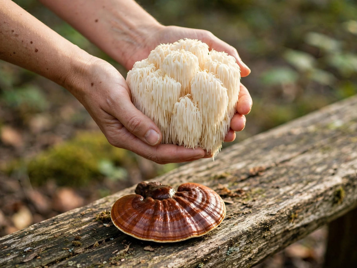 Hands holding a whole fresh Lion's Mane mushroom above a whole Reishi mushroom resting on a weathered timber bench